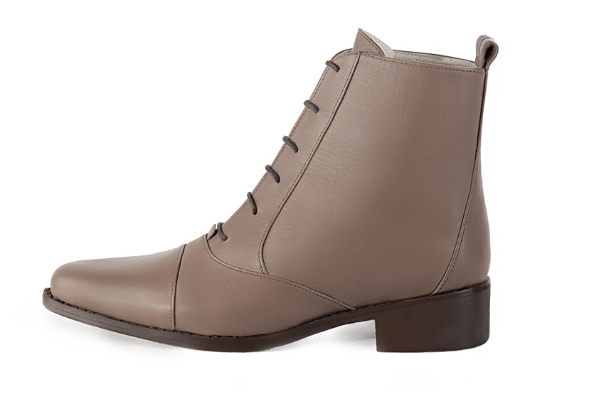 Bronze beige women's ankle boots with laces at the front. Round toe. Flat leather soles. Profile view - Florence KOOIJMAN